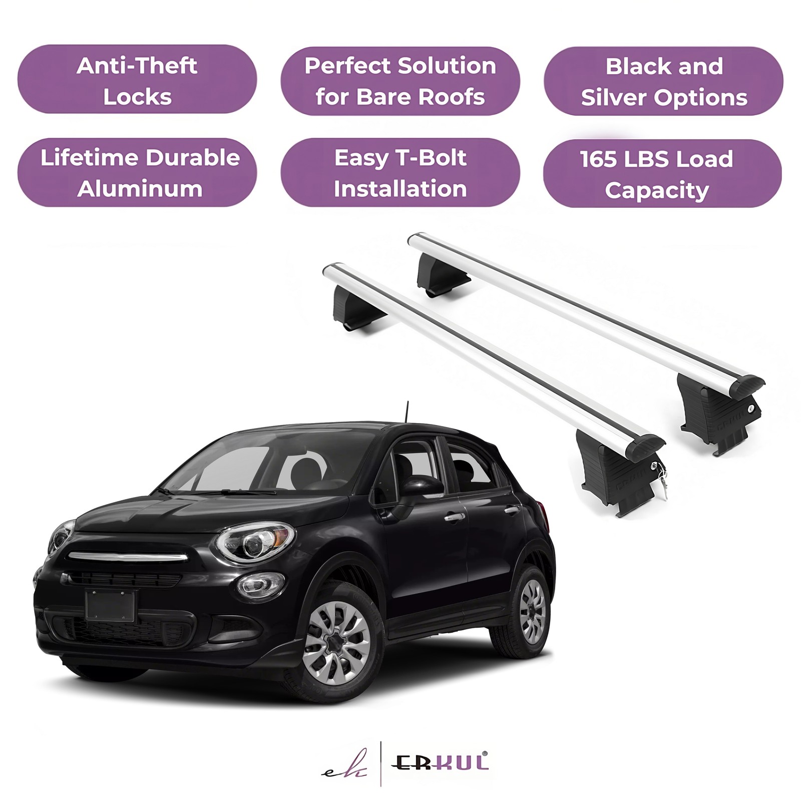 ERKUL Roof Rack Crossbars For FIAT 500X 2016-2023 Naked Roof Aluminum Silver