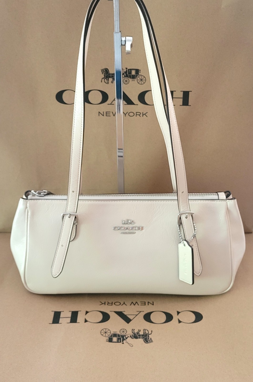 Coach CBJ05 Glazed Leather Asher Shoulder Bag Handbag Chalk Silver