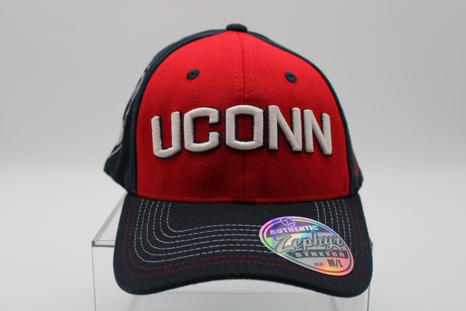 VTG UCONN Huskies Zephyr ZFit Hat M/L Red Blue Big Side Mascot Flat Bill NOS NWT