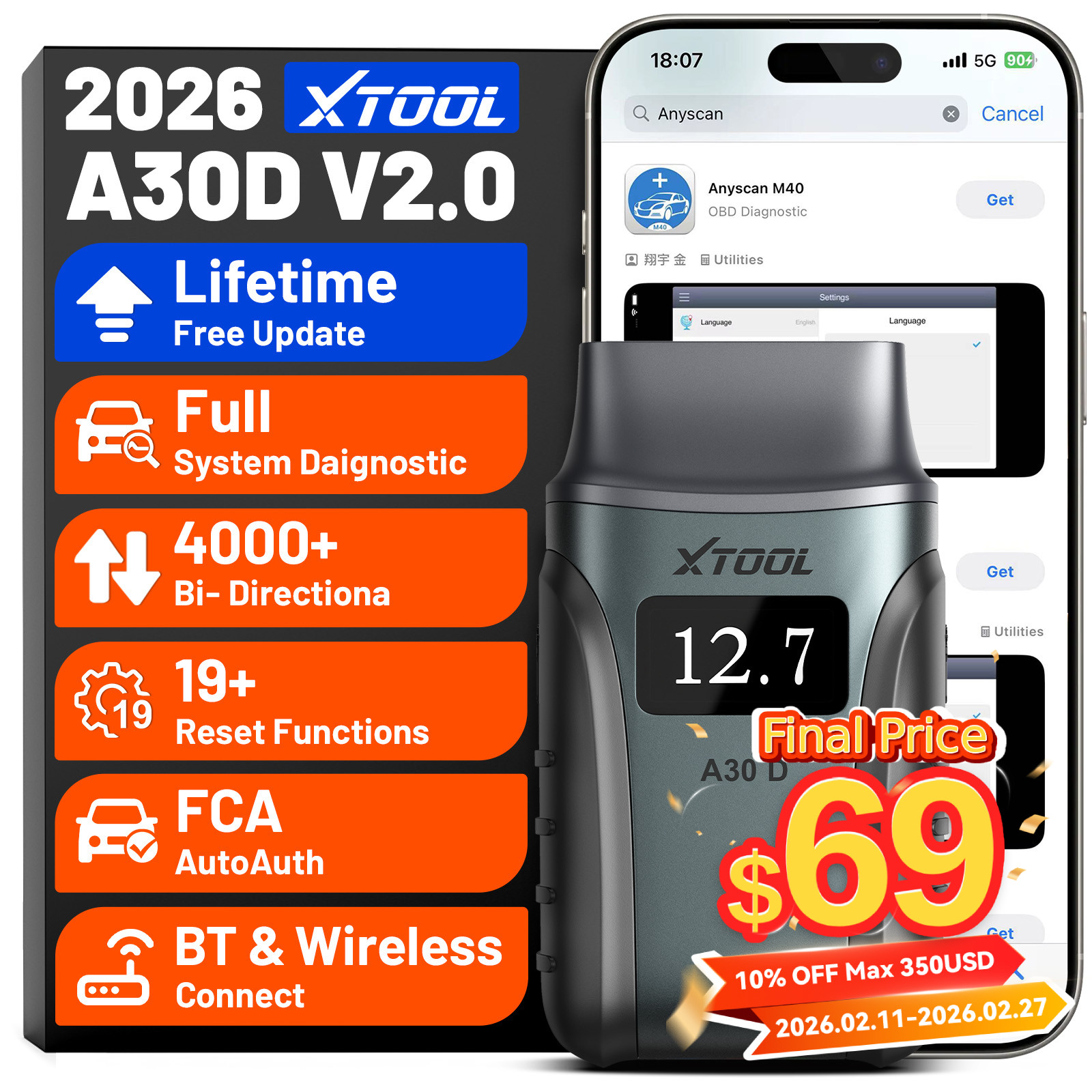 2026 XTOOL A30D V2.0 Bidirectional OBD2 Scanner All System Diagnostic Scan Tool