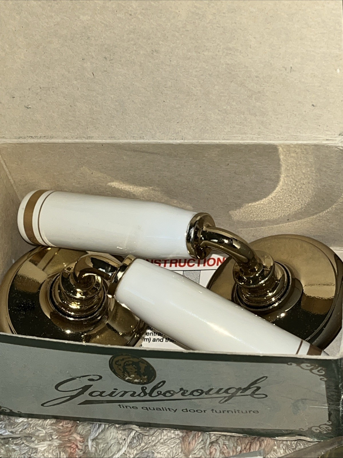 Vintage NOS Gainsborough White Porcelain Lever Antique Henley Gold Finish Vintage NOS Gainsborough White Porcelain Lever Antique Henley Gold Finish