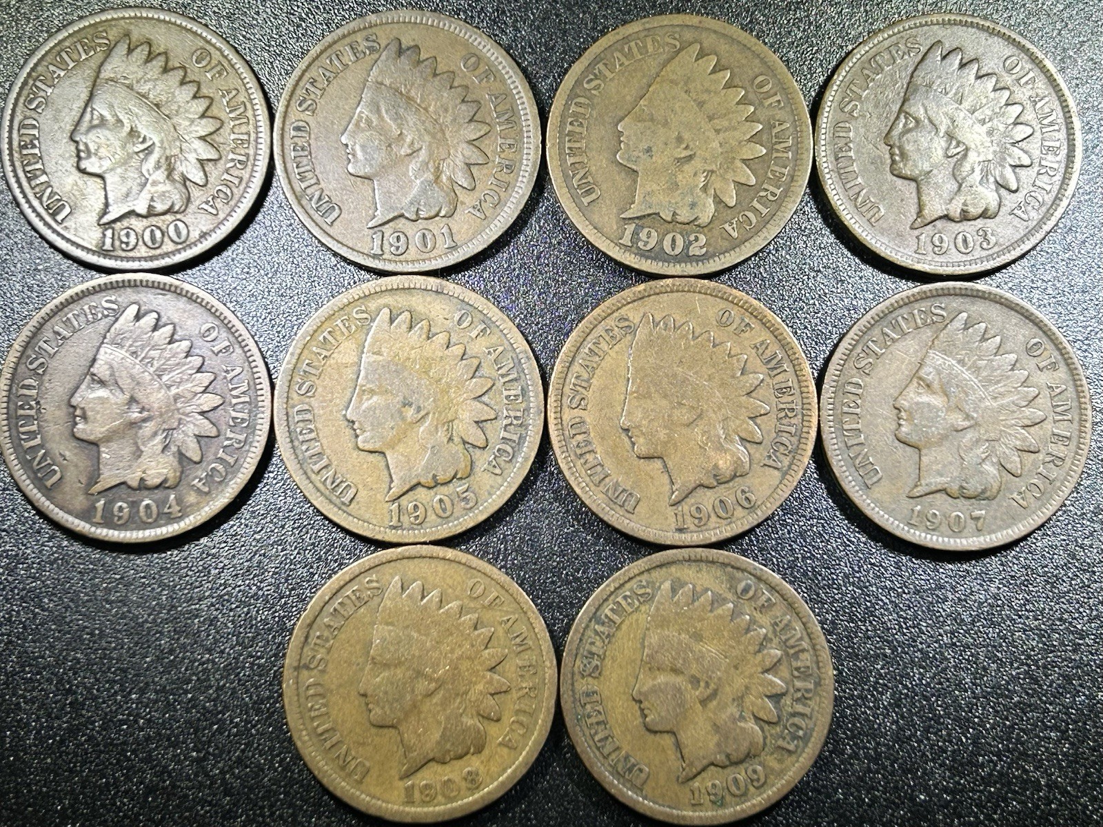 1900-1909 Indian Cent SET AVERAGE CIRC (10)Coins Total SKU056