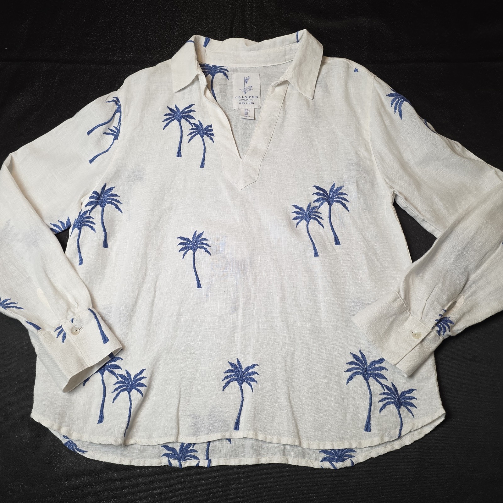 Calypso St Barth Shirt Womens Large White Blue Linen Palm Tree Tunic Top