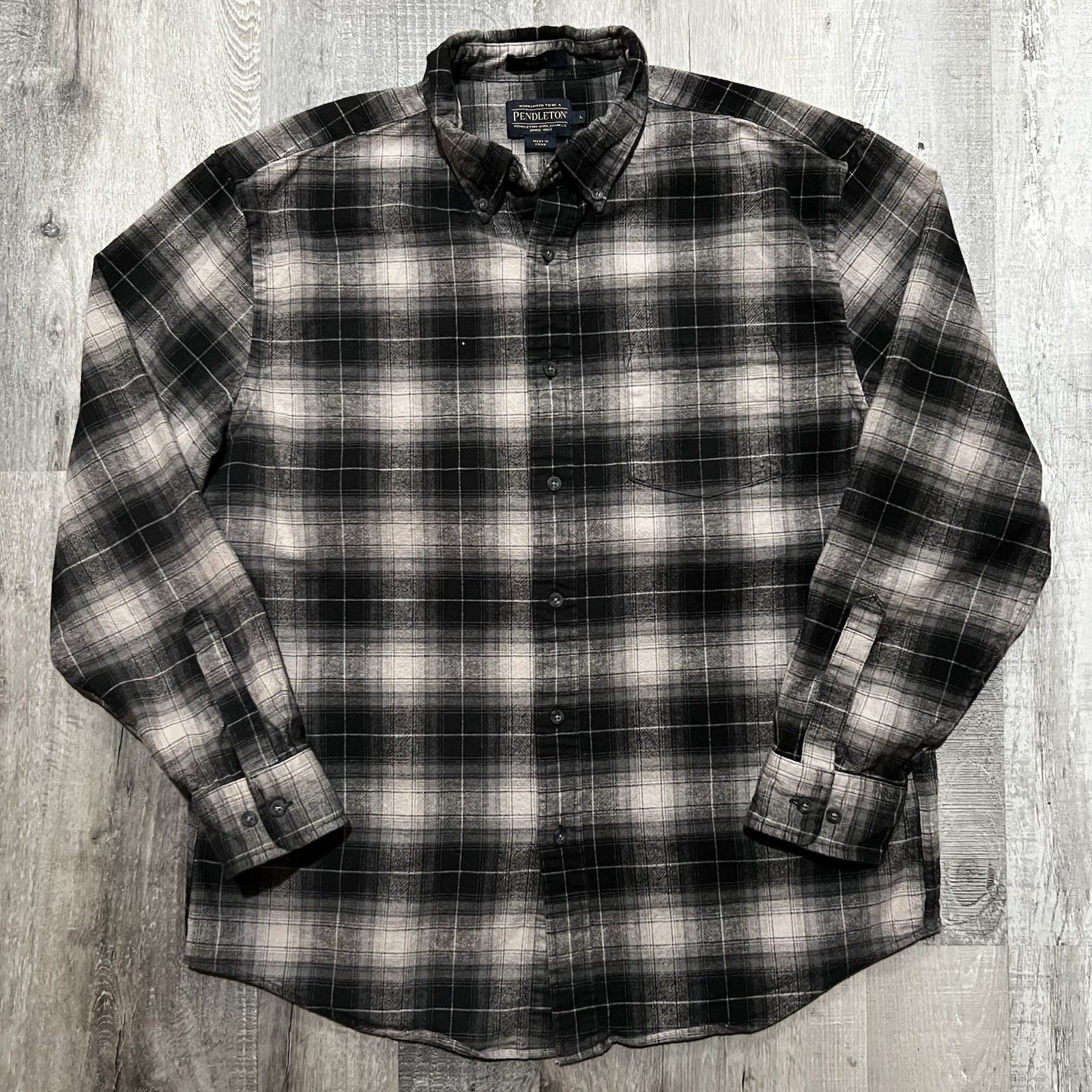 Pendleton Mason Black/White Shadow Plaid Flannel Button Shirt Cotton Sz Large Pendleton Mason Black/White Shadow Plaid Flannel Button Shirt Cotton Sz Large