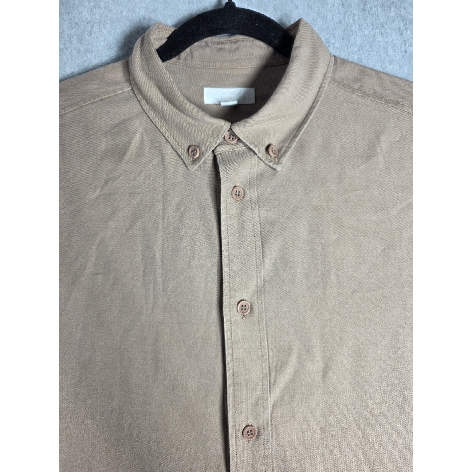 COS Button Down Shirt Mens Large Tan Twill Long Sleeve Cotton Blend Minimalist