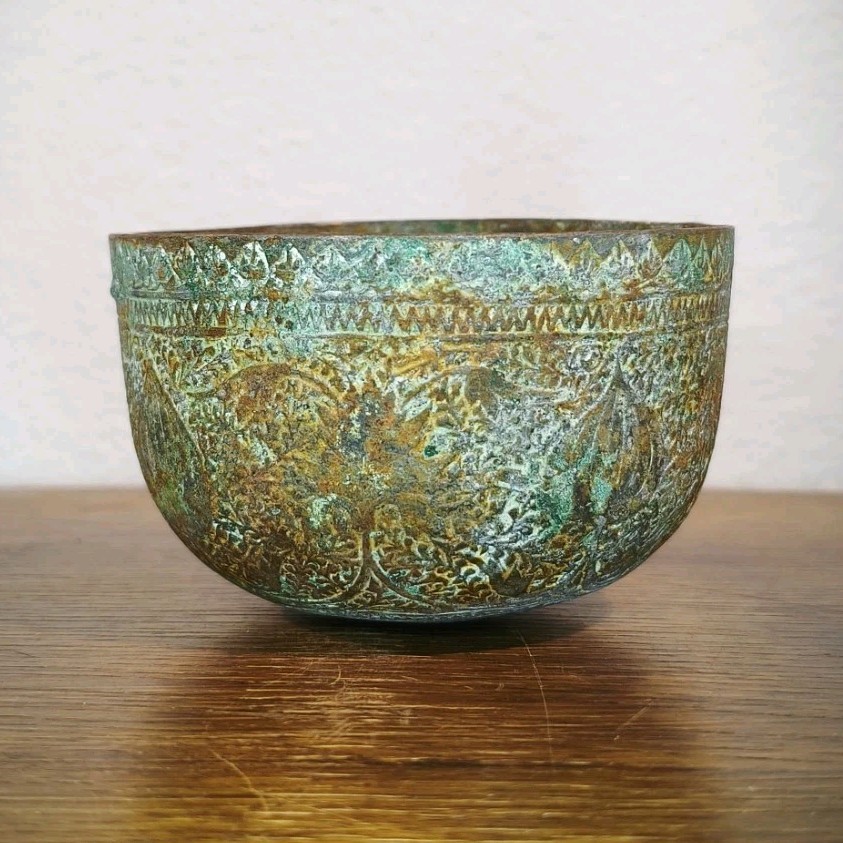 Antique Indian engraved brass bowl with floral decoration