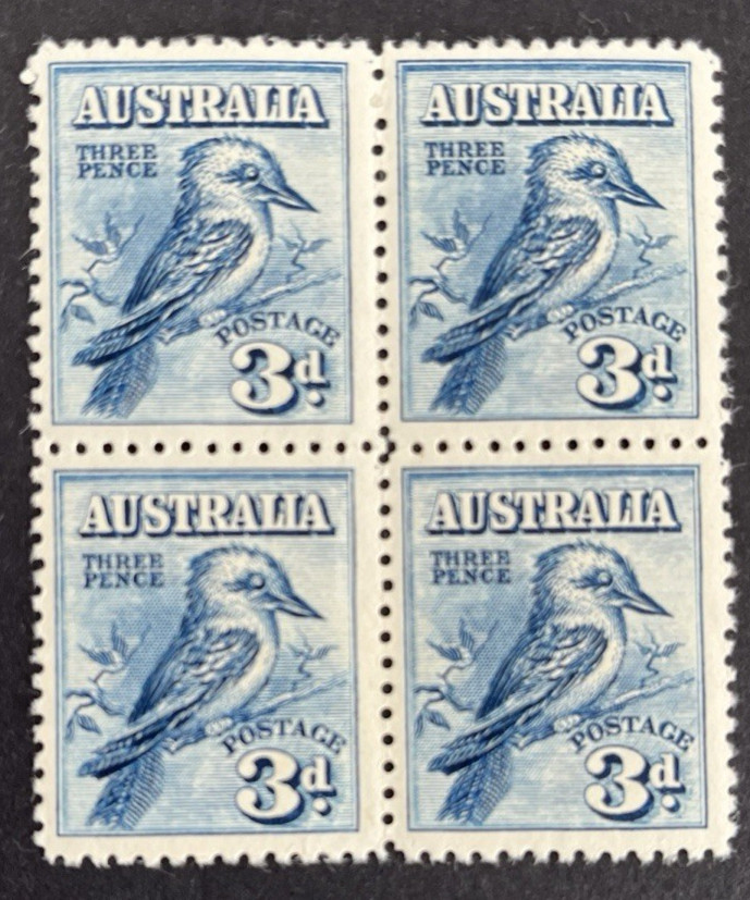 Australia 1928 3d blue Kookaburra Block of 4 MNH regummed stamps Australia 1928 3d blue Kookaburra Block of 4 MNH regummed stamps