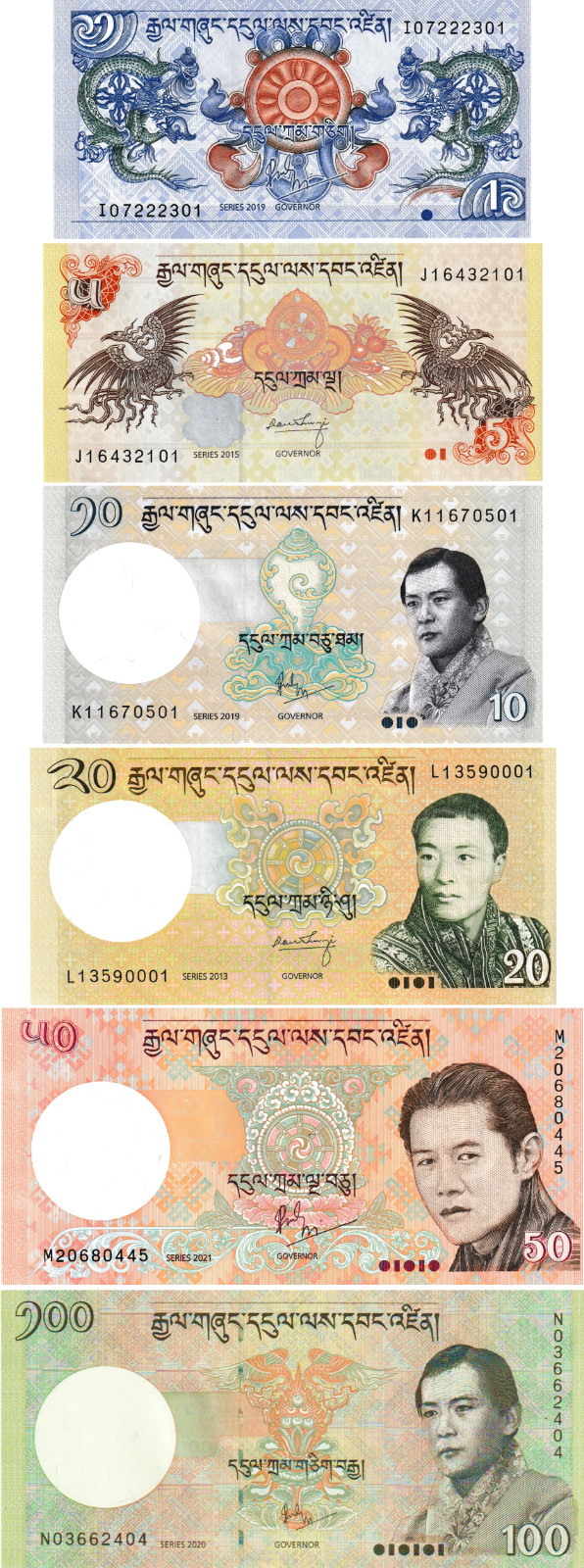 Bhutan (Set #3) 1, 5, 10, 20, 50, 100 Ngultrum, Uncirculated, 6 Note Set Bhutan (Set #3) 1, 5, 10, 20, 50, 100 Ngultrum, Uncirculated, 6 Note Set