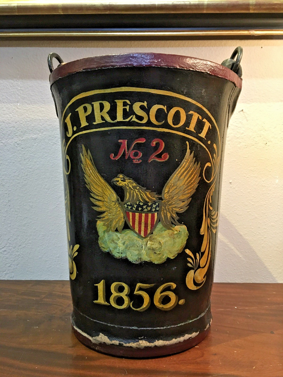 19th C. Canvas over Leather Fire Bucket 1856 J Prescott New York Hand Painted