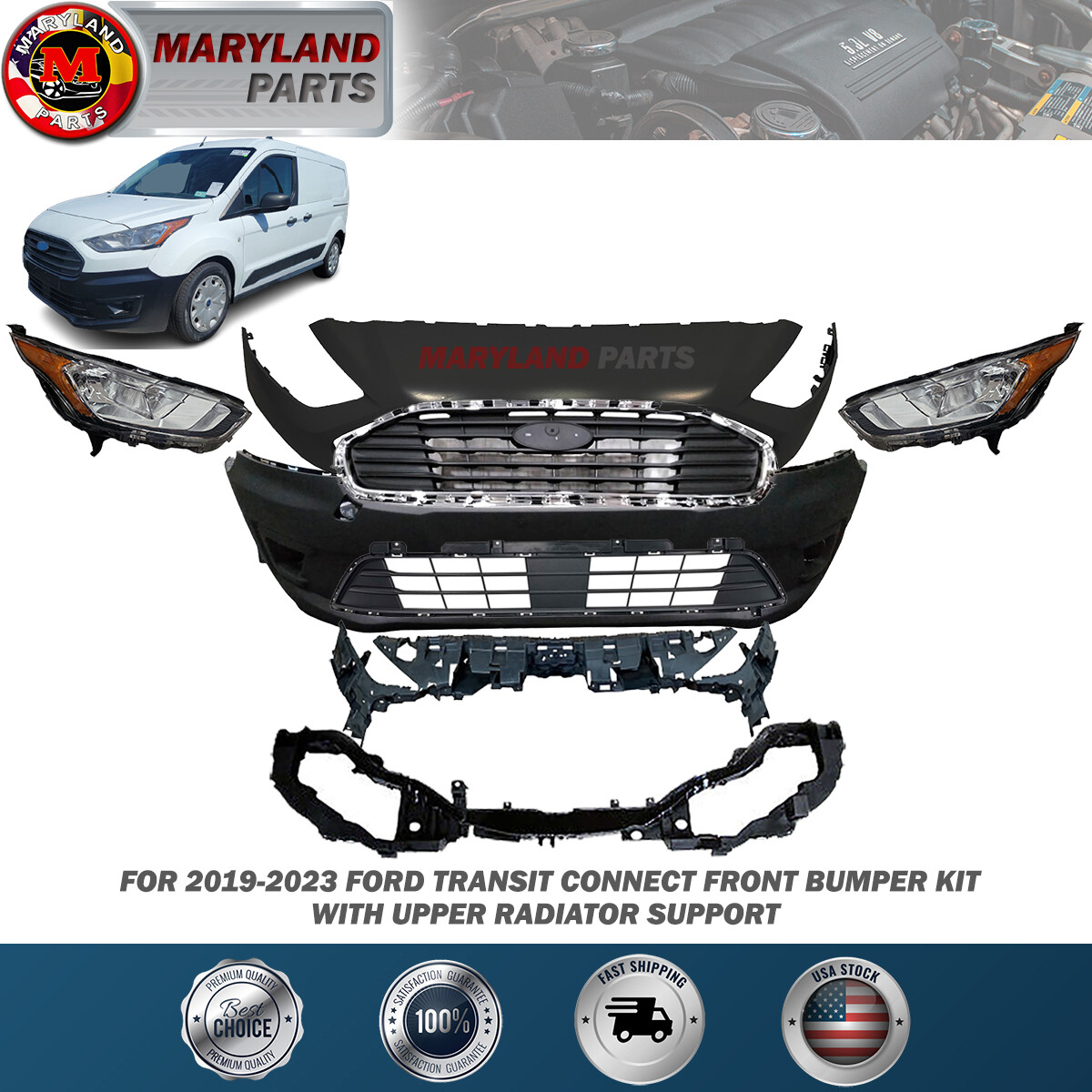 For 2019-2023 Ford Transit Connect Front Bumper Kit with Upper Radiator Support For 2019-2023 Ford Transit Connect Front Bumper Kit with Upper Radiator Support