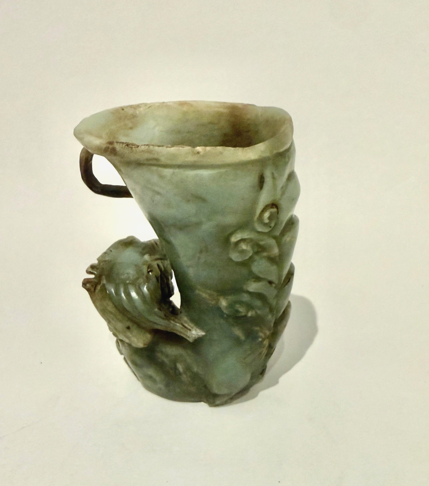 Antique Chinese Archaistic Celedon Jade Rhyton Chilong Dragon Libation Cup