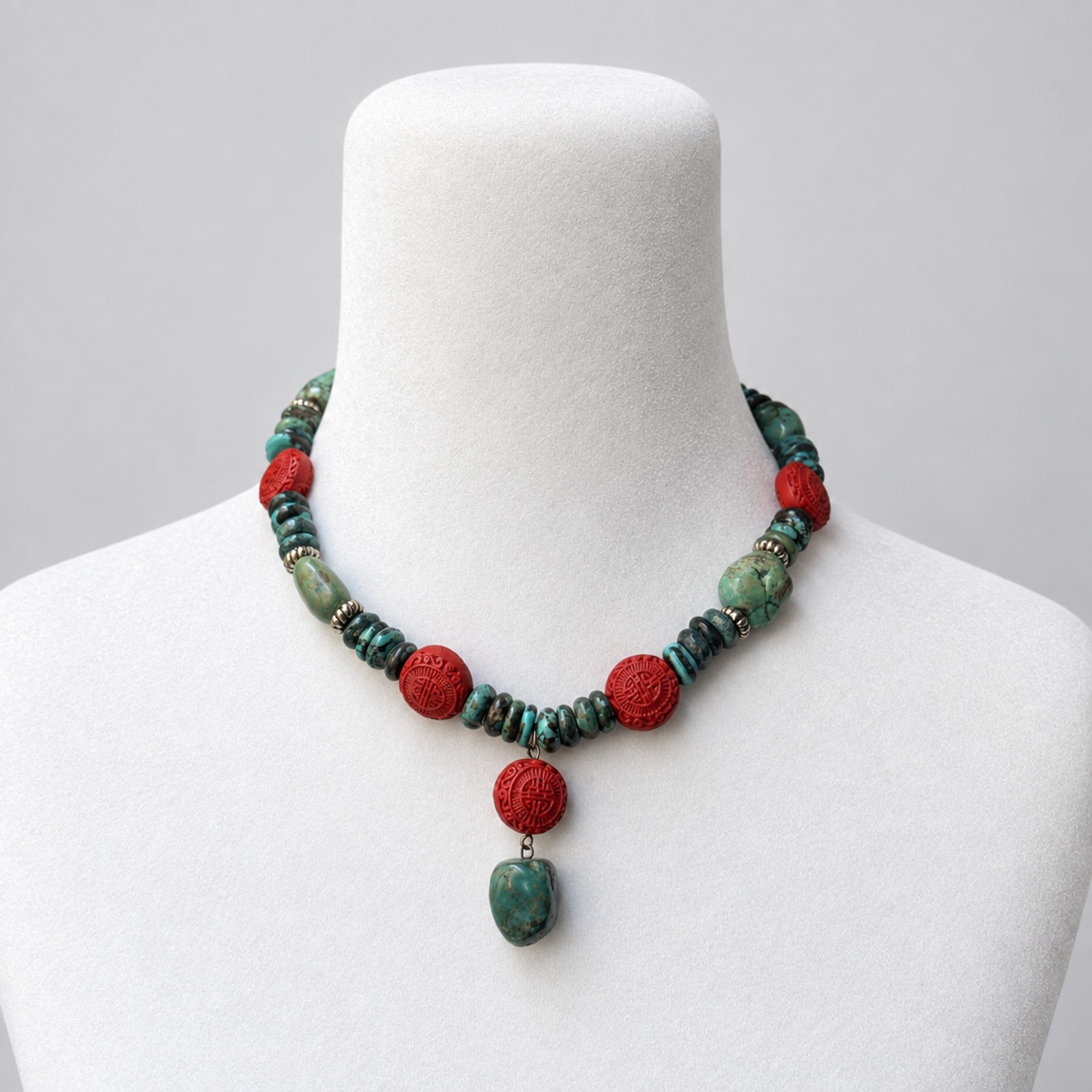 Vintage Natural Turquoise Carved Red Bead Drop Necklace 15.5in 61g