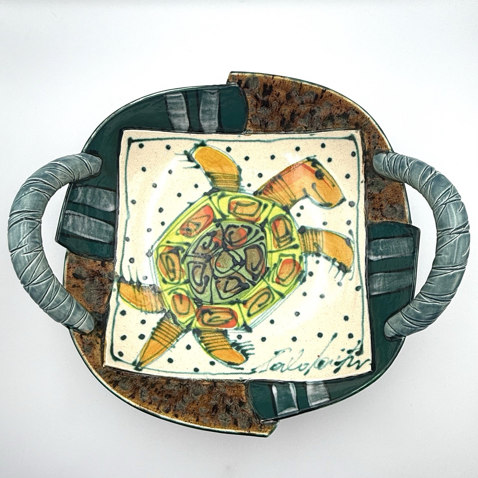Juozas Rasa Saldaitis Turtle Bowl Studio Art Pottery Handled Ceramic Signed