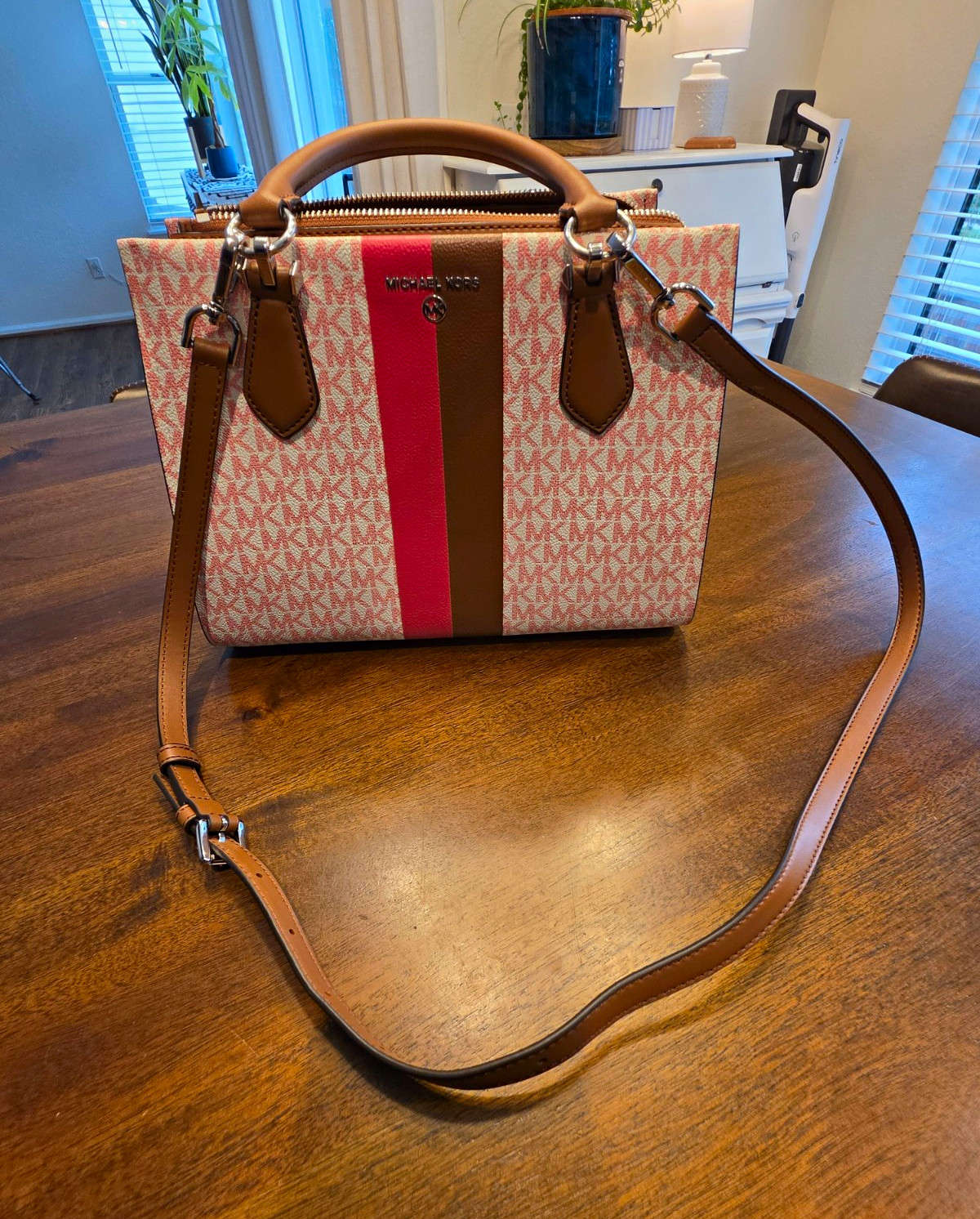 Michael Kors Signature Monogram Satchel Top Handle Zip Bag Pink/Brown Silver Michael Kors Signature Monogram Satchel Top Handle Zip Bag Pink/Brown Silver