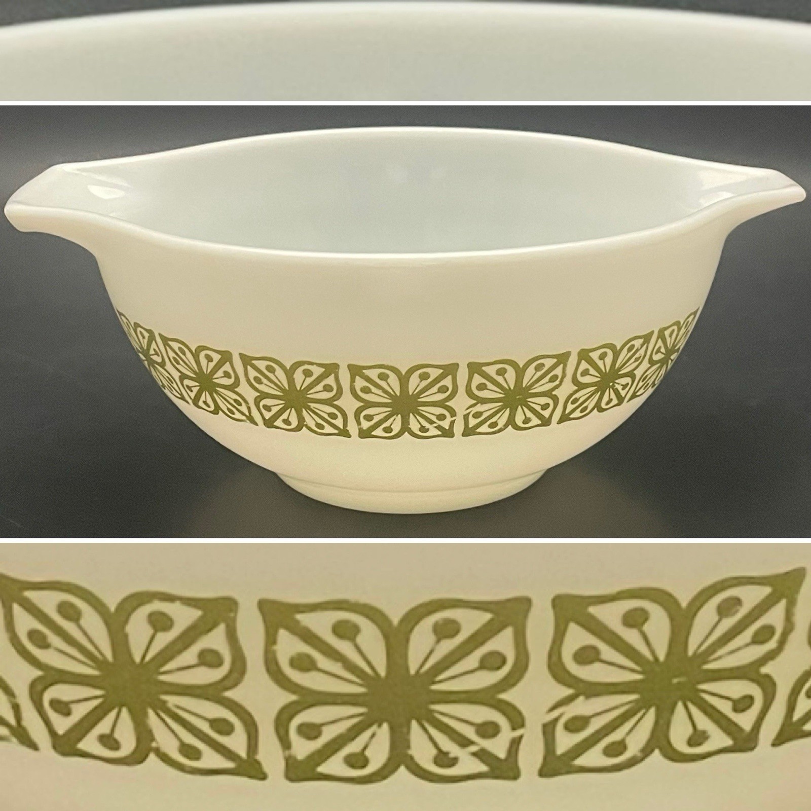 Pyrex Autumn Floral aka Verde Square Flowers 442 Cinderella Bowl 1966 USA 1.5qt