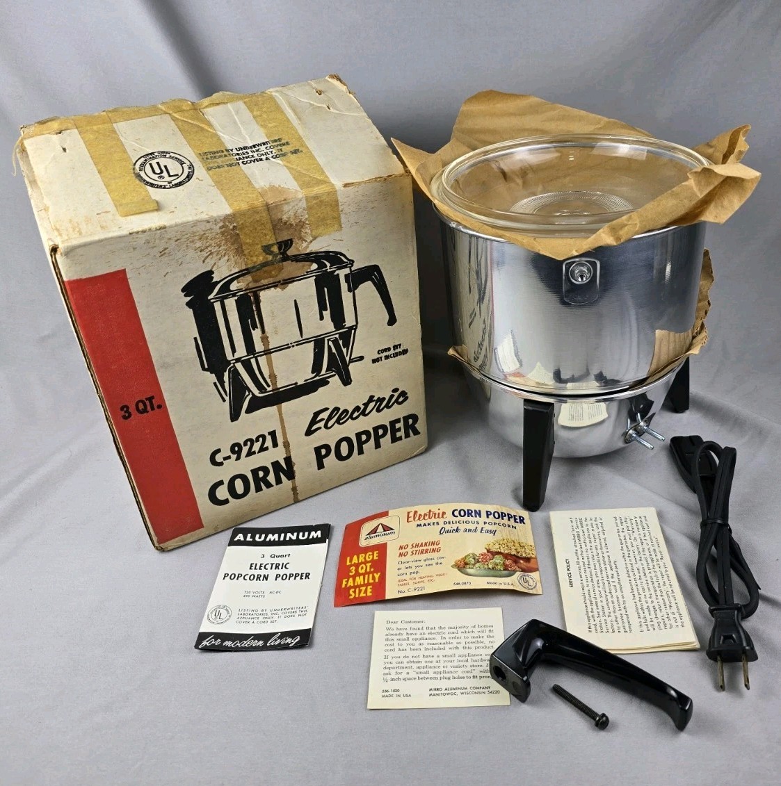 NOS Vintage Mirro C-9221 Aluminum Popcorn Popper Glass Lid 3 Qt USA Atomic MCM