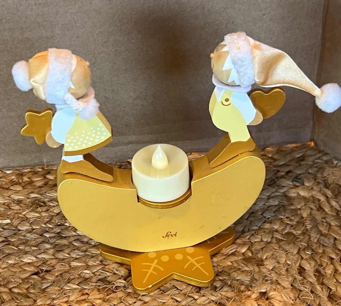 Vintage Sevi Italy Wooden Christmas Rocker Candle Holder Figurine Angels Pixies Vintage Sevi Italy Wooden Christmas Rocker Candle Holder Figurine Angels Pixies