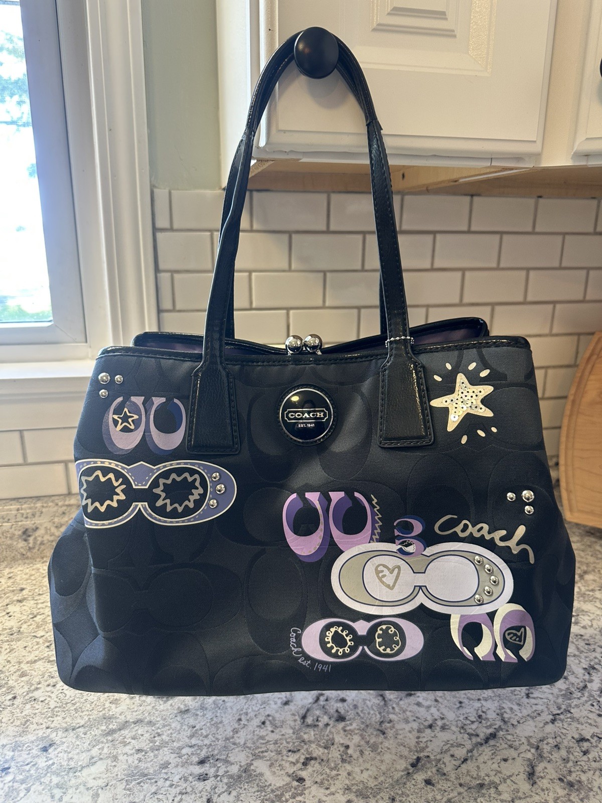 Coach Poppy Black Purple Signature Applique Kisslock Tote NEW W/ TAGS Rare Coach Poppy Black Purple Signature Applique Kisslock Tote NEW W/ TAGS Rare