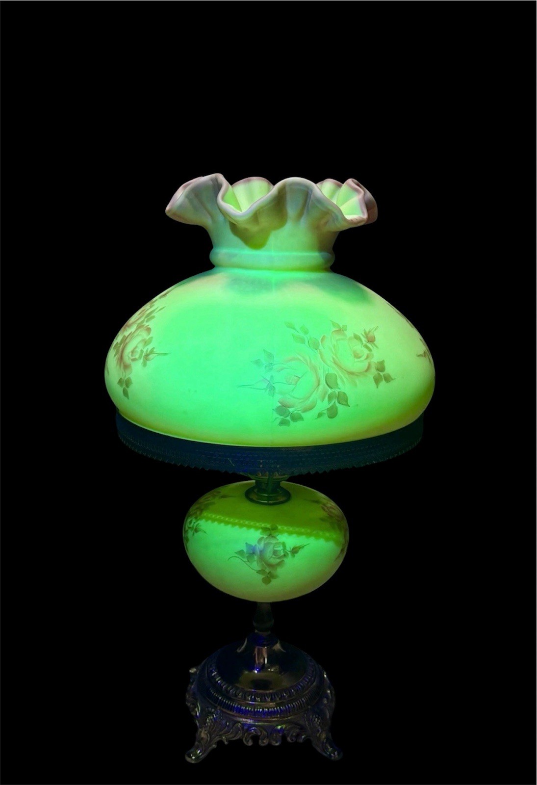 Fenton Burmese Uranium Glass Student Lamp Hand Painted Roses Signed K. Haught Fenton Burmese Uranium Glass Student Lamp Hand Painted Roses Signed K. Haught