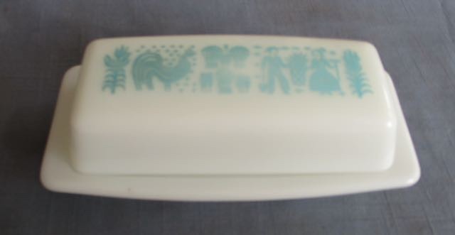 Vtg 1960s Pyrex  Turquoise Amish Butterprint  Covered Butter Dish With Lid