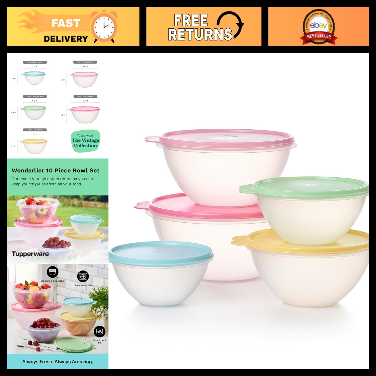 Vintage Pastel 10-Piece Food Storage Set - 5 Bowls & 5 Lids, Airtight Containers Vintage Pastel 10-Piece Food Storage Set - 5 Bowls & 5 Lids, Airtight Containers