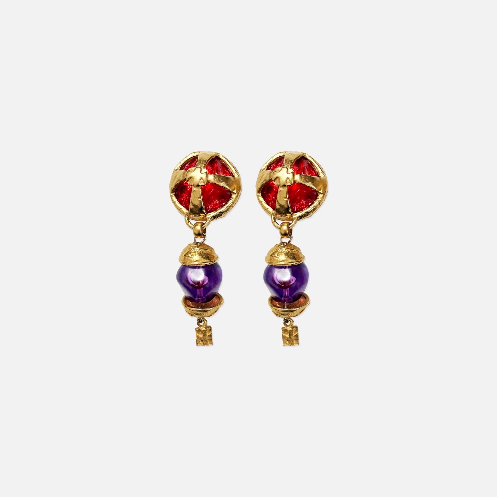 Vintage 80s Robert Rose Runway Gold Red Purple Glass Dangle Clip On Earrings Vintage 80s Robert Rose Runway Gold Red Purple Glass Dangle Clip On Earrings