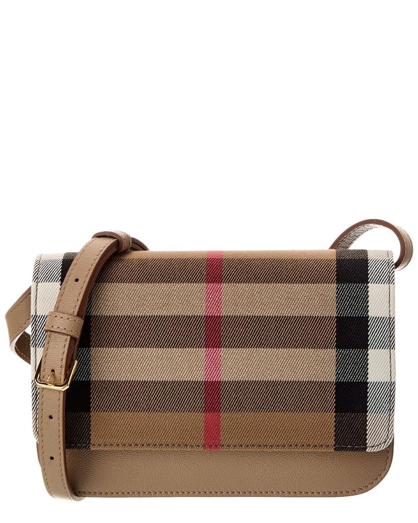 NEW BURBERRY MADISON BEIGE CHECK CANVAS LEATHER CROSSBODY SHOULDER BAG