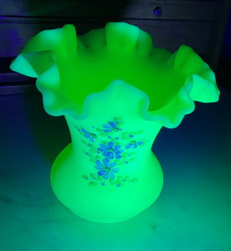 Fenton Uranium Custard Glass Ruffled Vase Hand Painted Signed 6 \