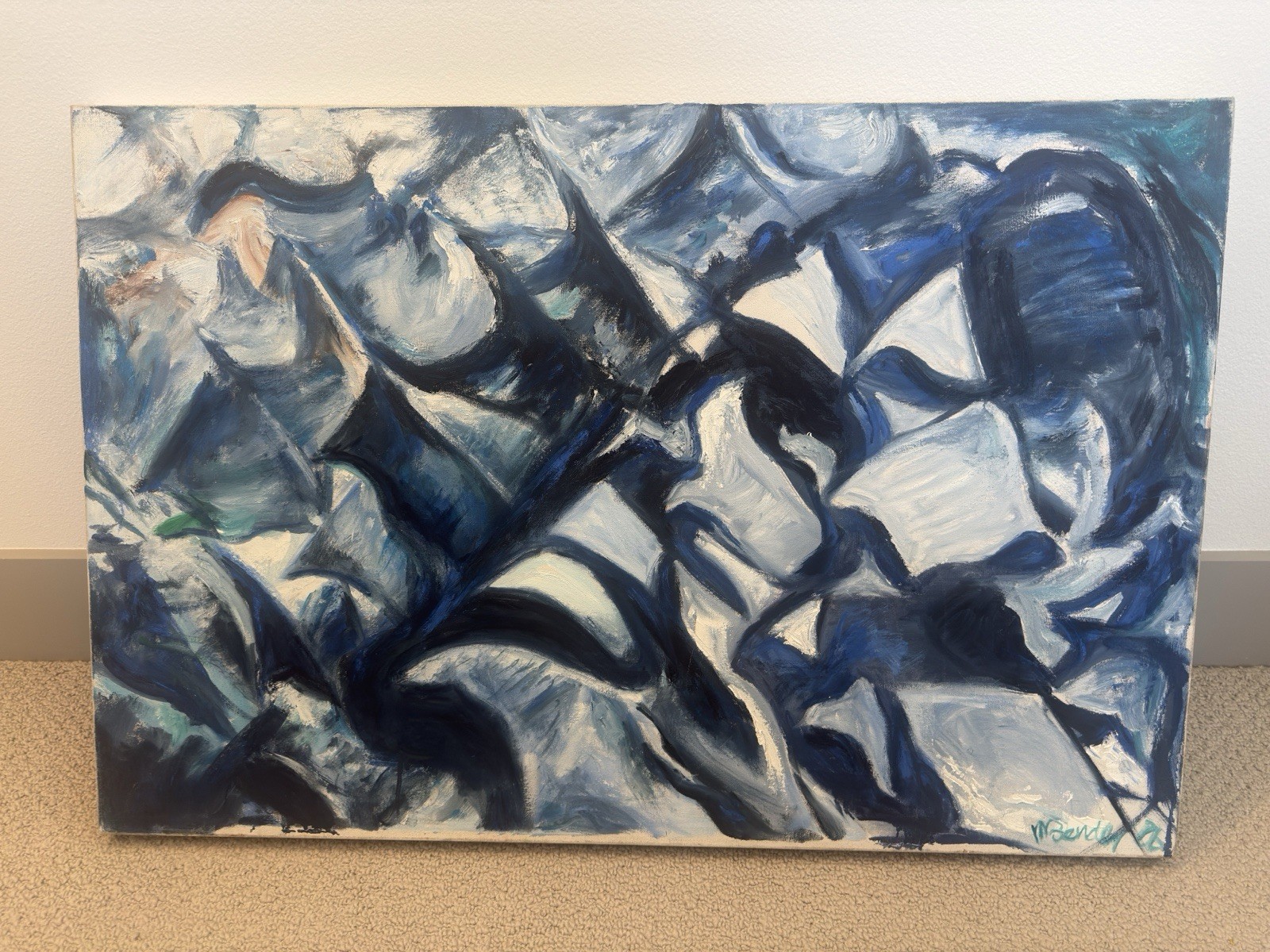 M Bender Signed Large Abstract Blue & White Canvas Painting, Unframed M Bender Signed Large Abstract Blue & White Canvas Painting, Unframed