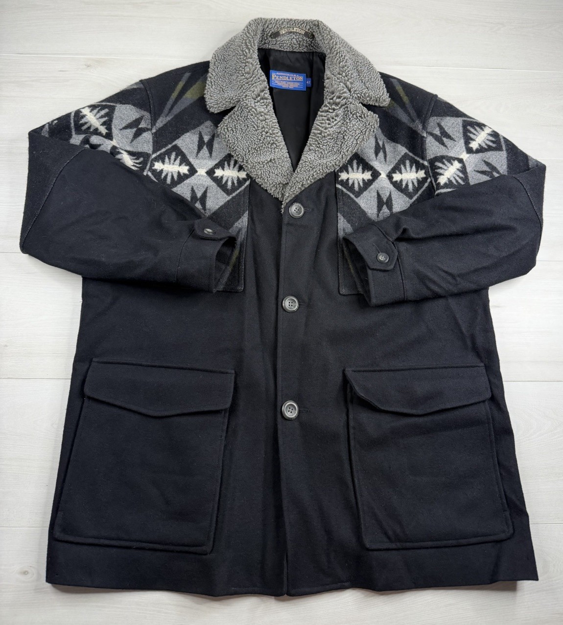 Vtg Pendleton Wool Jacket Aztec Southwest Pattern Over Coat Lined Mens L RARE
