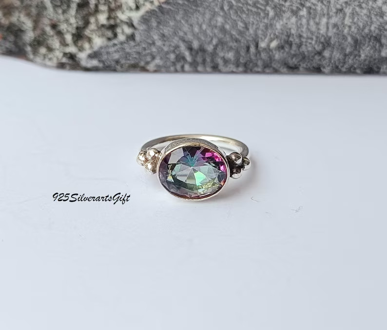 Natural Mystic Rainbow Topaz 925 Silver Ring Statement Ring Gift for Her