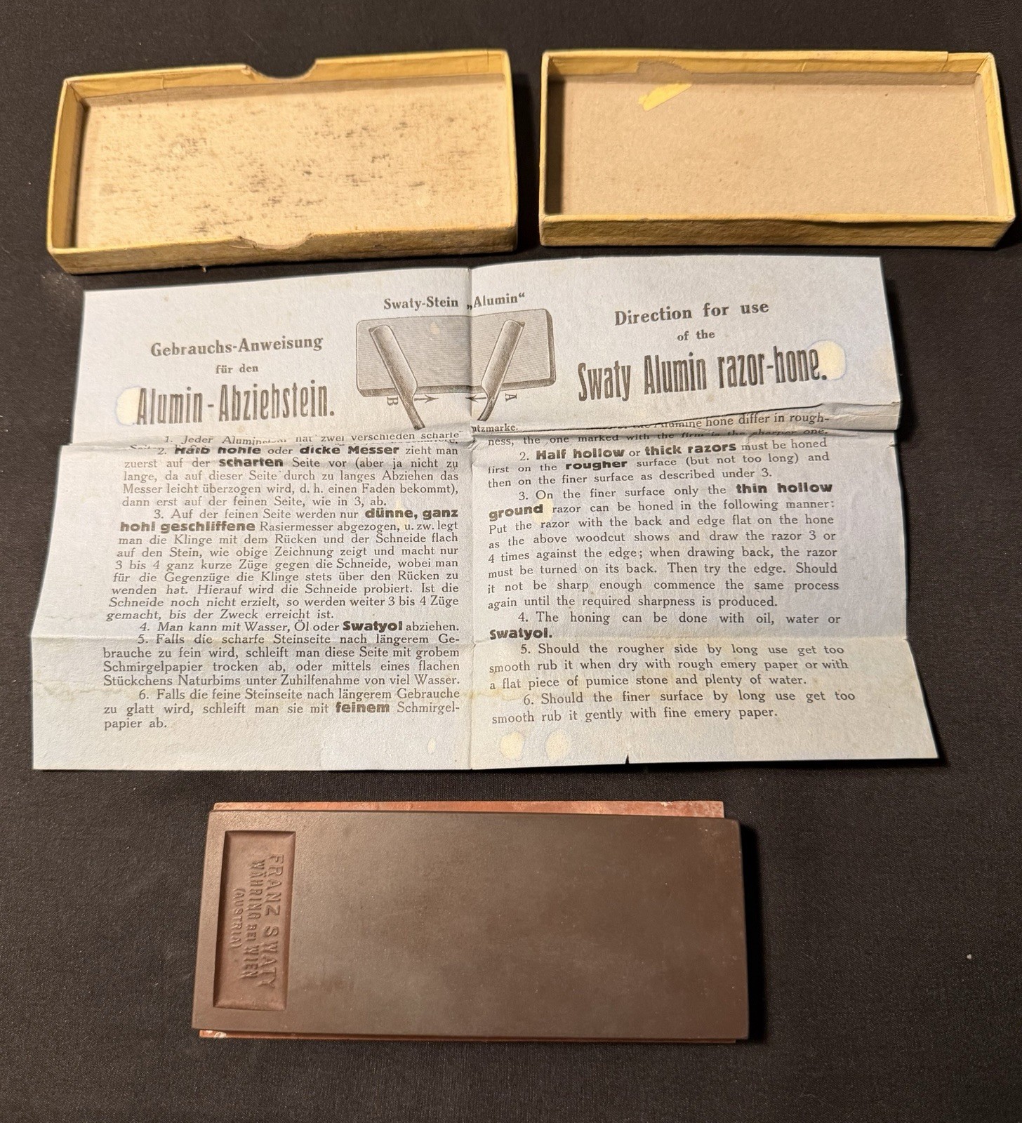 Antique Franz Swaty Alumin Razor Hone Austria Box Instructions Barber Stone