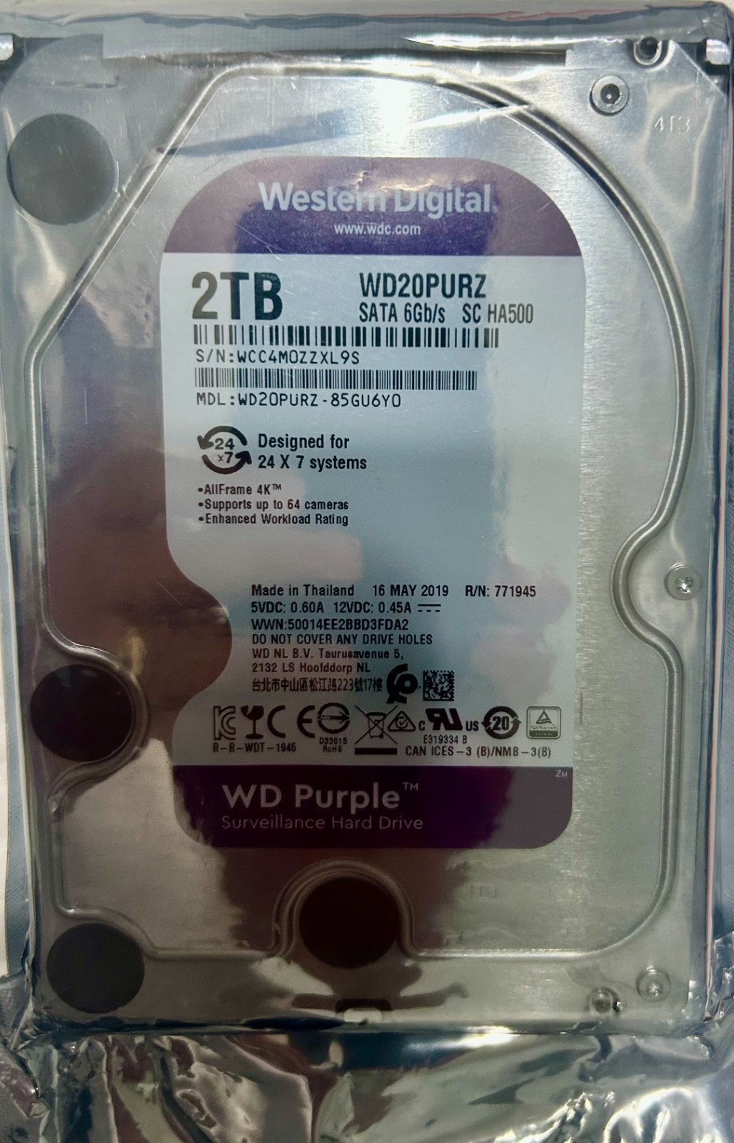 Western Digital 2TB hard drive. Model WD20PURZ Surveillance Hard Drive