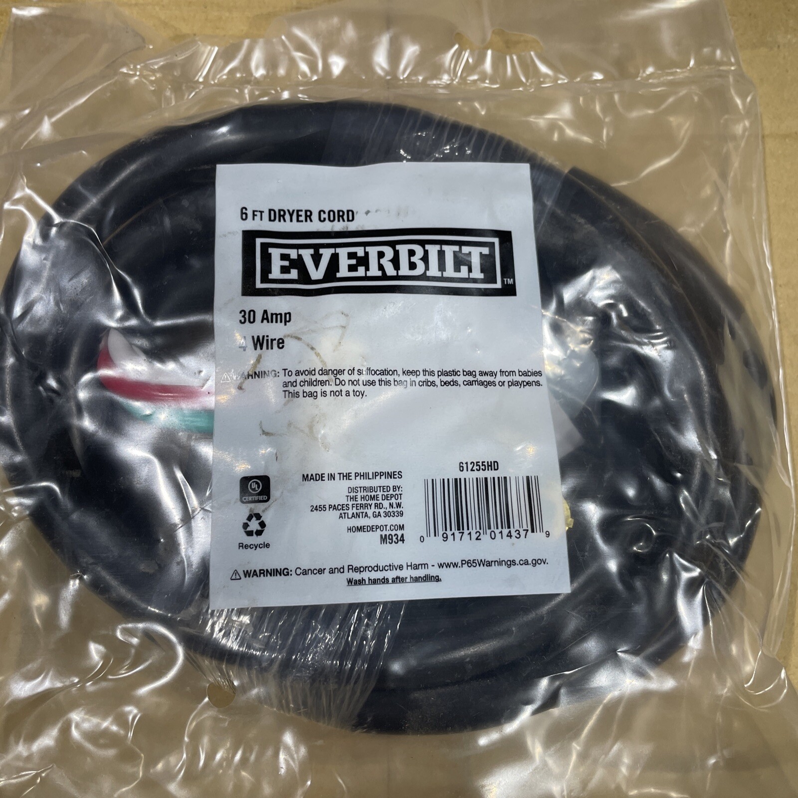 Everbilt 10 Gauge 4-Wire Electric Dryer Plug 125/250V Black 6' 61255HD