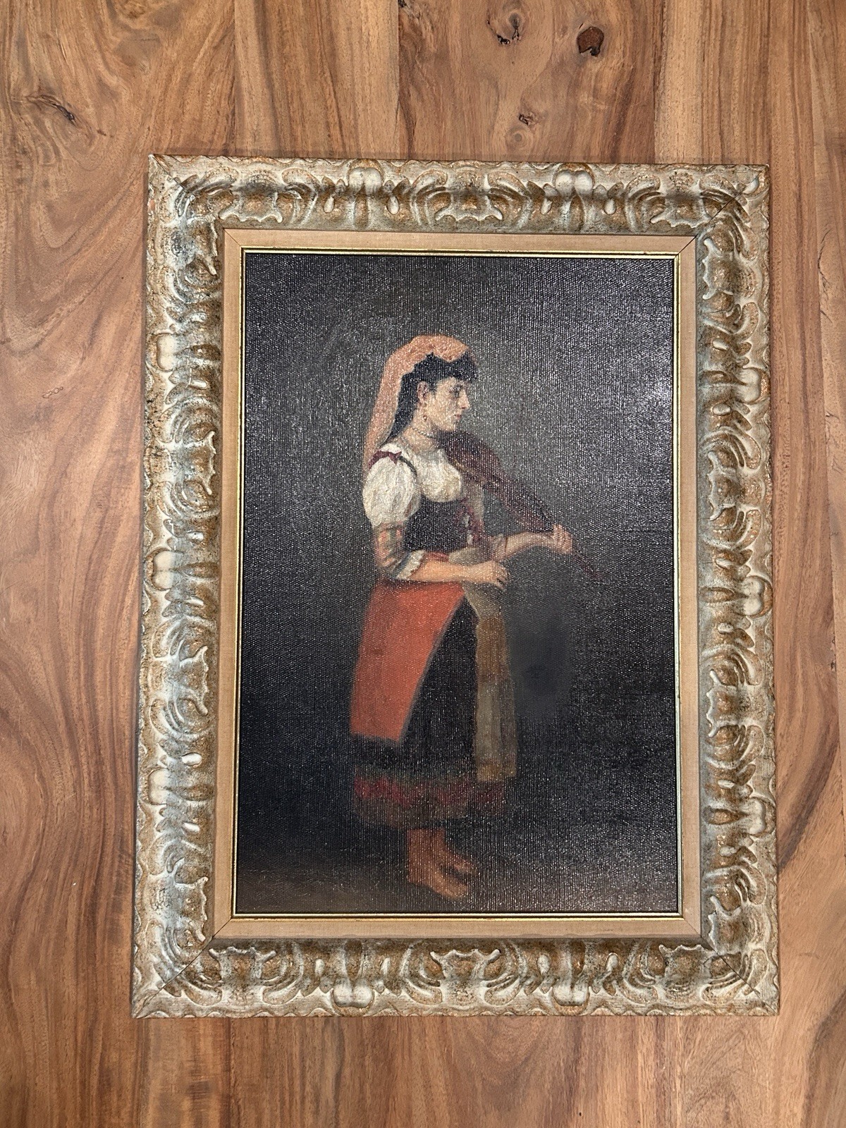 Original Oil on Board Female Violinist Portrait Folk Art Framed 23x17