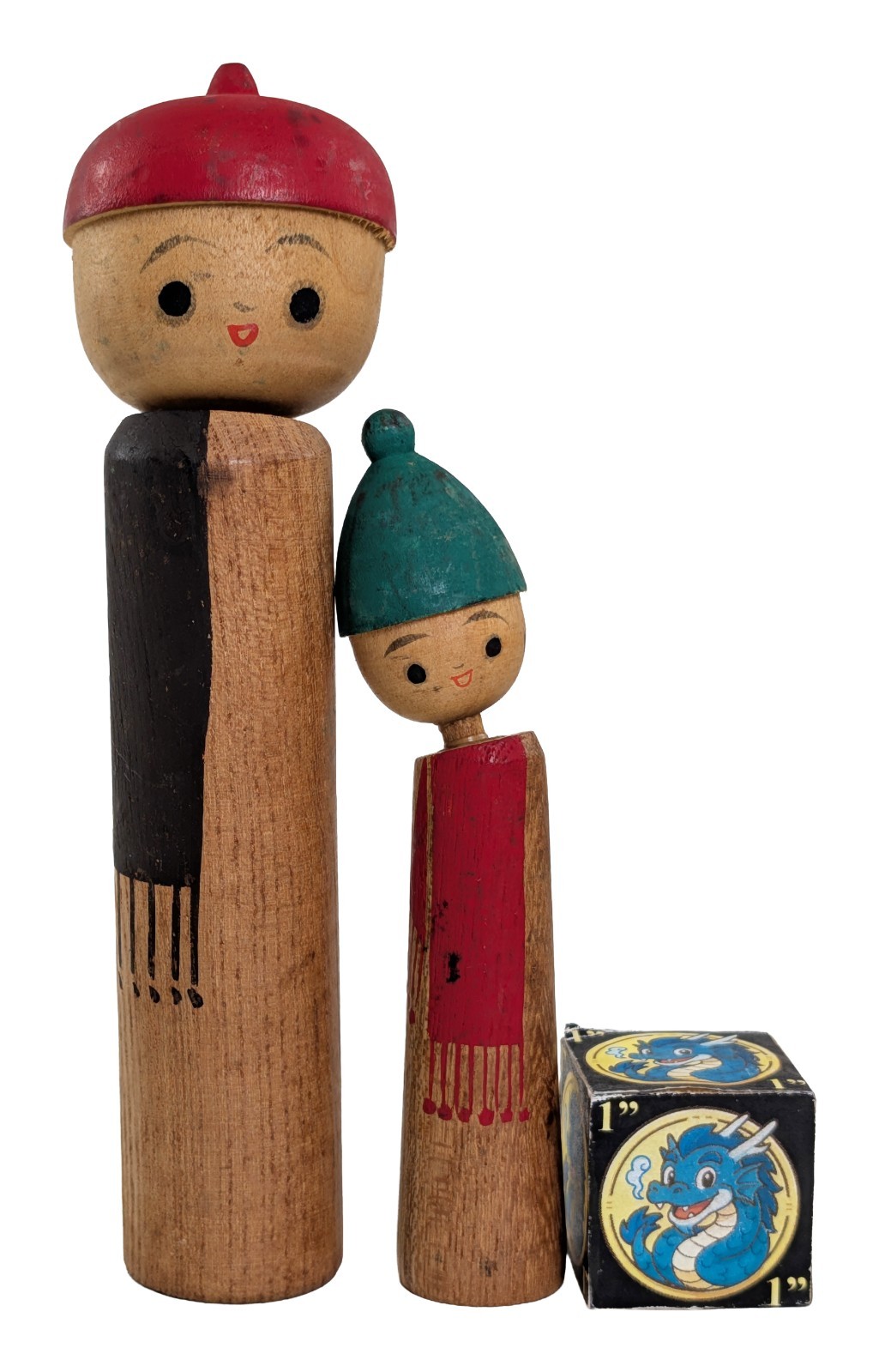 Vintage Creative Kokeshi Doll Pair w/ Winter Hat & Scarf Designs 10-14cm, 4-5.5\
