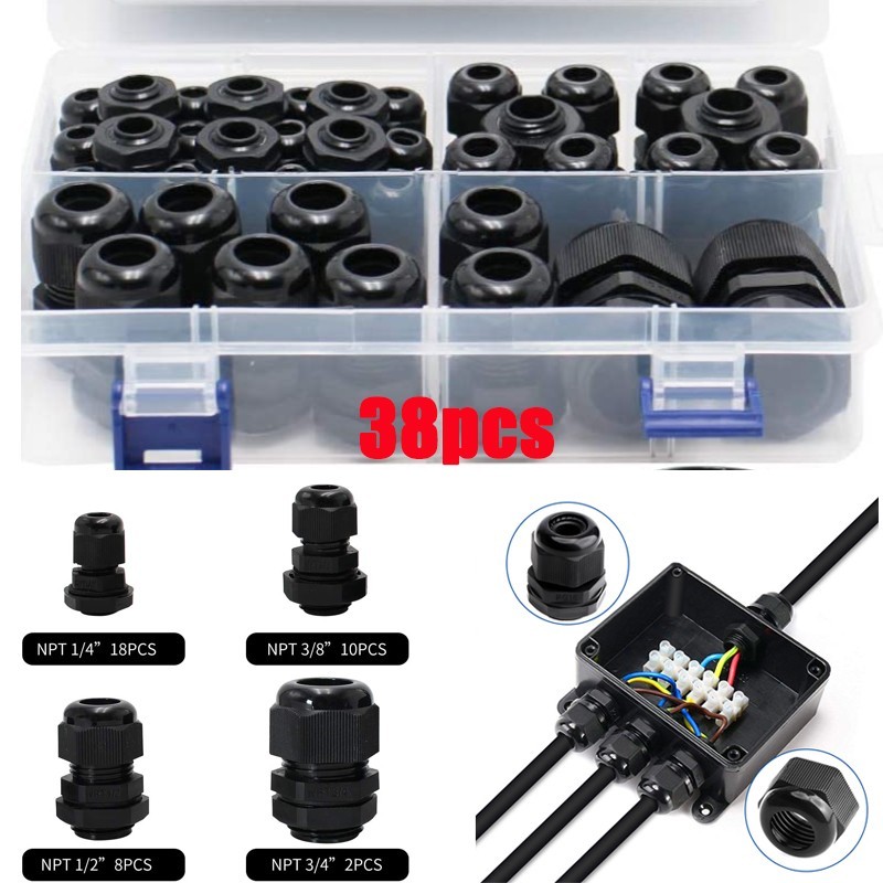 38PCS Waterproof Cable Gland Kit IP68 Nylon Wire Connector Assortment