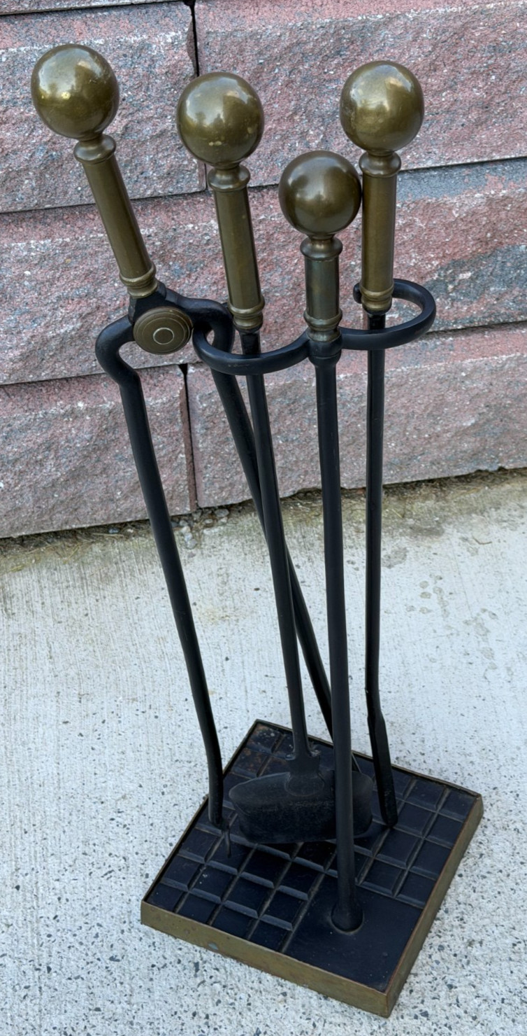 VTG Antique SOLID BRASS & IRON Fireplace Tool SET 4 - POKER SHOVEL TONGS STAND VTG Antique SOLID BRASS & IRON Fireplace Tool SET 4 - POKER SHOVEL TONGS STAND