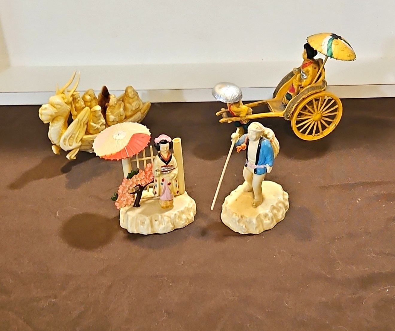 Vintage Japanese Celluloid Figurine Lot of 4 - 1940s Geisha Rickshaw Dragon Boat