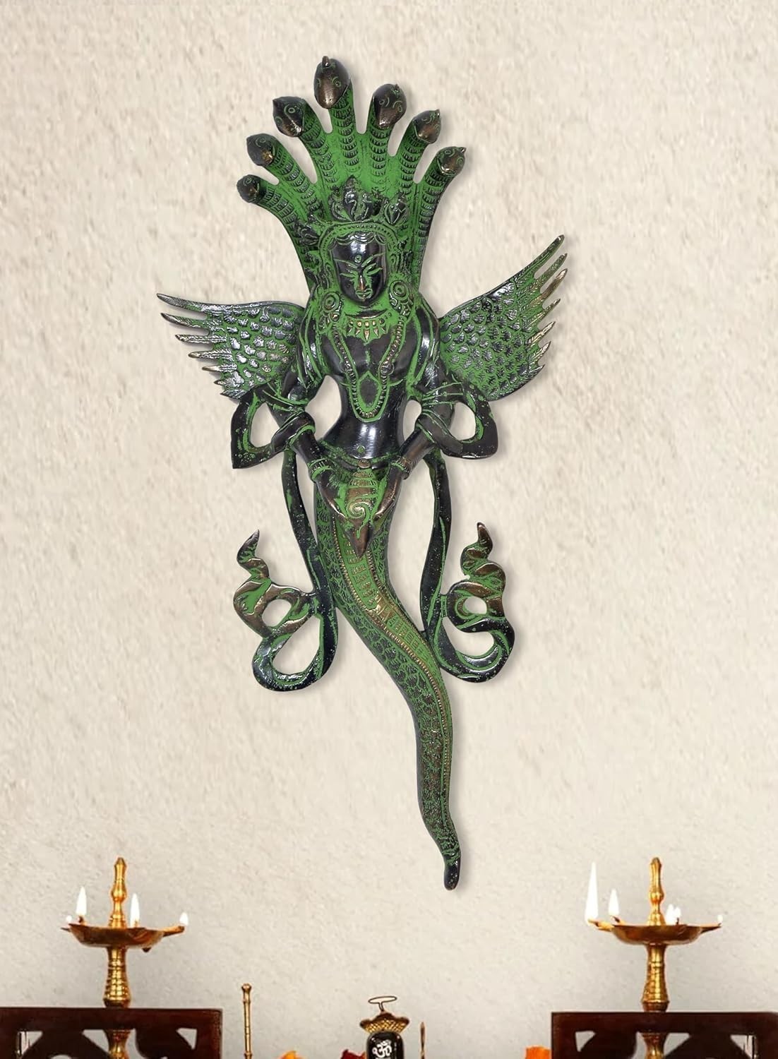 Hindu Goddess Brass Serpent Naga Kanya Figurine Statue Wall Hanging