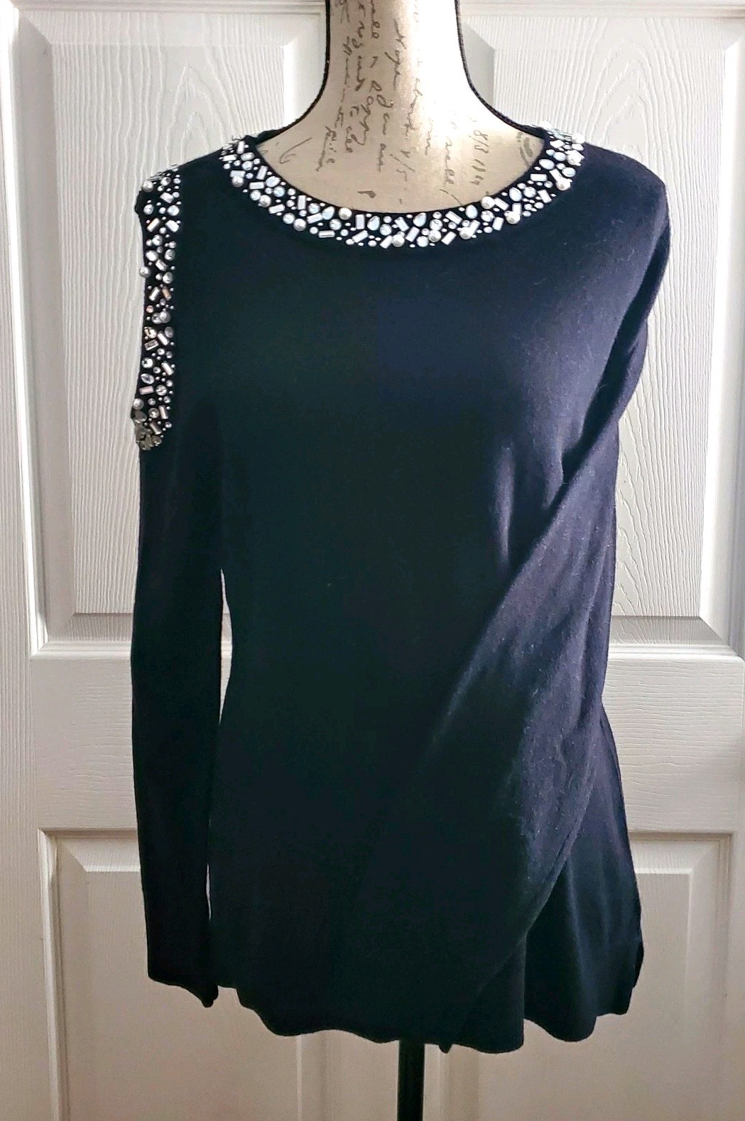 INC International Concepts Black Jeweled Sweater Women L Open Shoulder NWT INC International Concepts Black Jeweled Sweater Women L Open Shoulder NWT