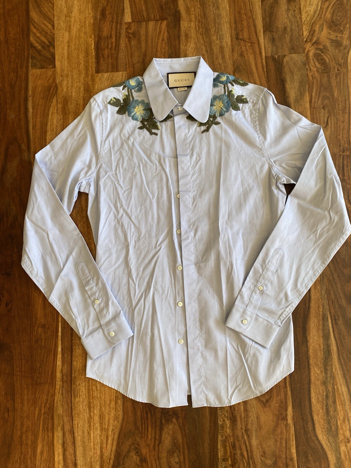 Gucci Mens UFO Planet Floral Embroidered Shirt Sky Blue Skinny Fit Size 39 /15.5