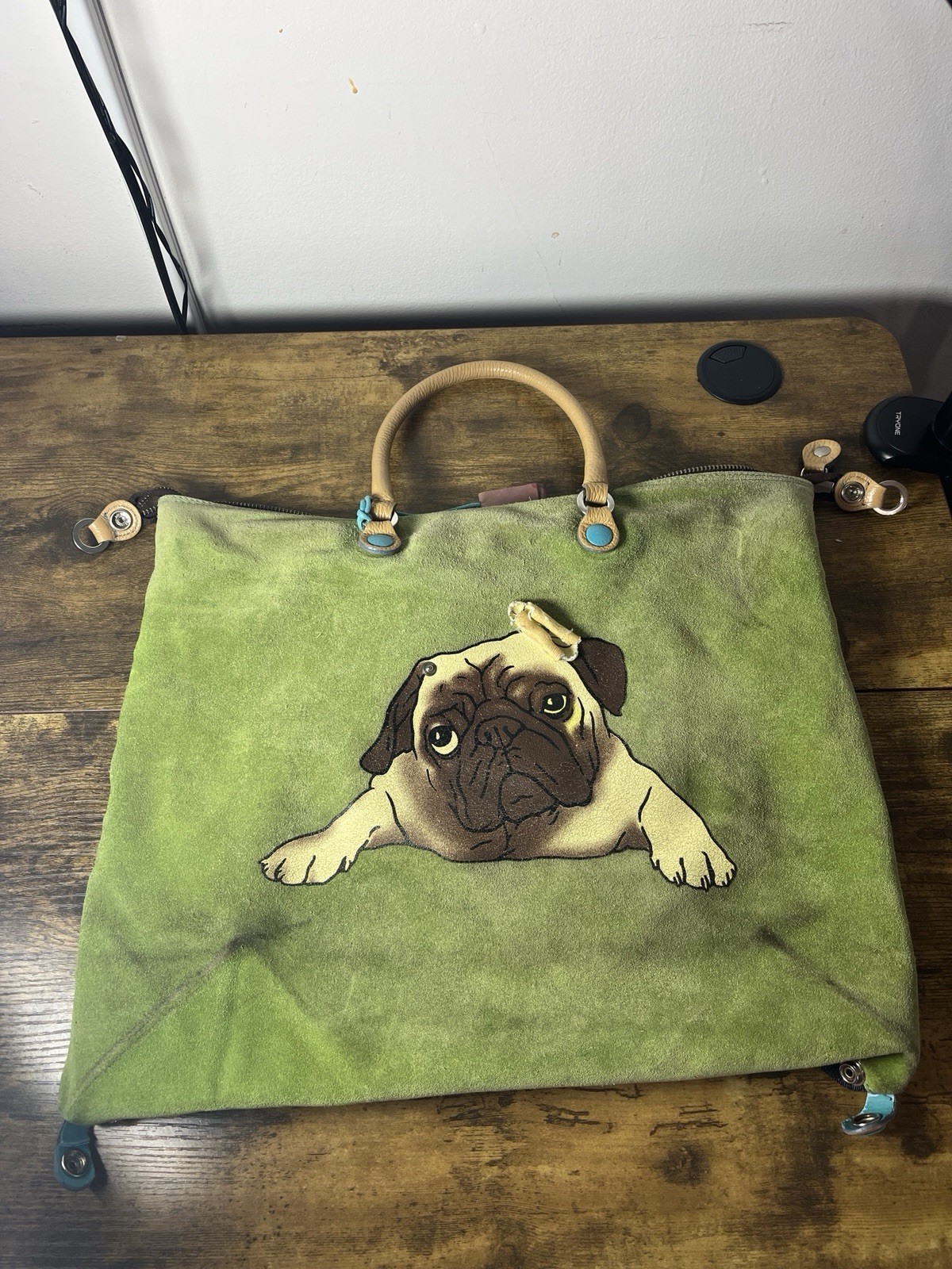 Gabs Firenze Handbag Puppy Shoulder Bag Pug Suede Tote Green Made In Italy