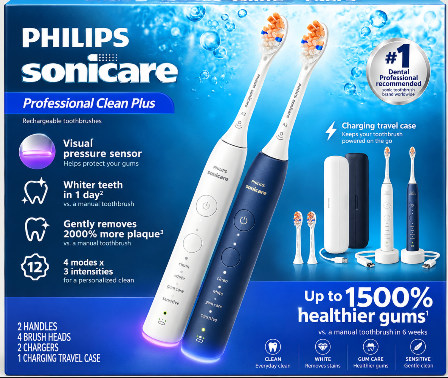 Philips Sonicare Professional Clean Plus Toothbrush 2Pk Black White OEM