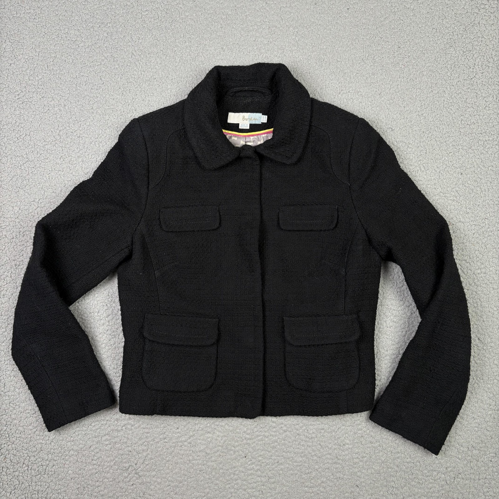 Boden Jacket Womens 6 Black Boucle Wool Tweed Button Lined Cropped Four Pocket