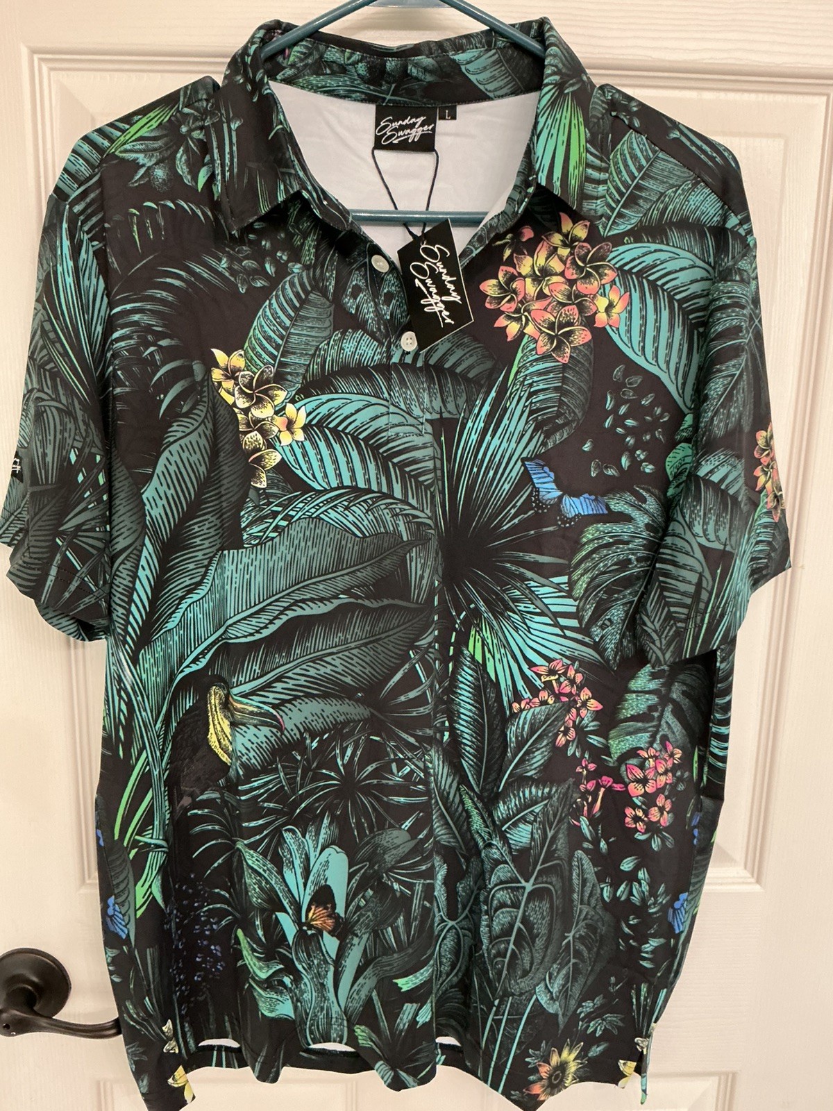 Sunday Swagger NWT Black Tropical Floral Print Golf Polo Shirt Men\'s Size Large