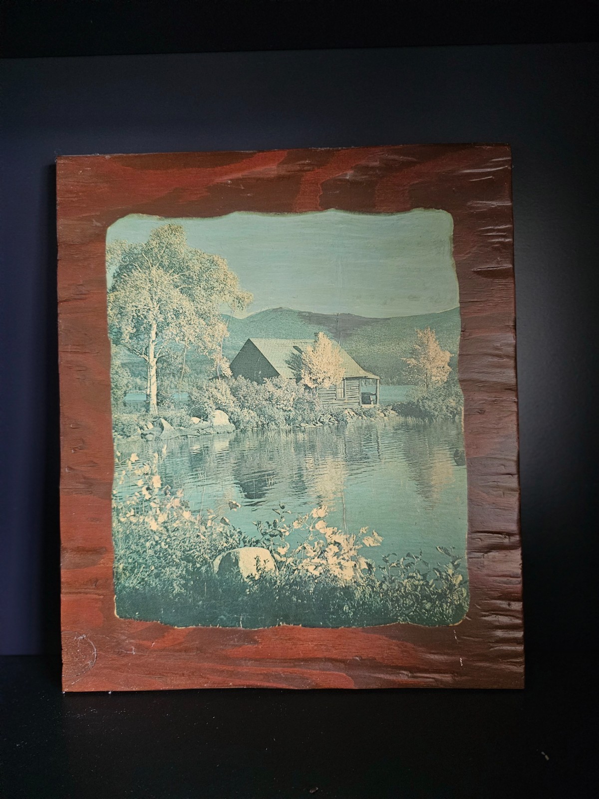 Vintage 1970s Lithograph Wood Plaque — Lakeside Cabin Scene