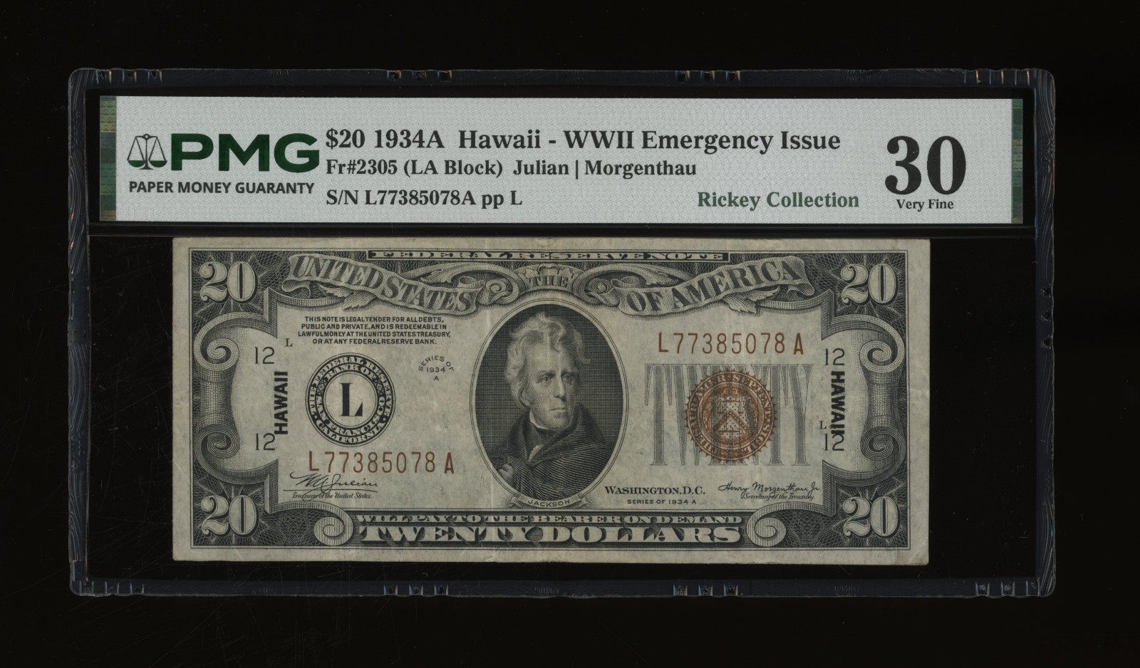 DBR 1934-A $20 FRN Hawaii Fr. 2305 PMG 30 Serial L77385078A DBR 1934-A $20 FRN Hawaii Fr. 2305 PMG 30 Serial L77385078A