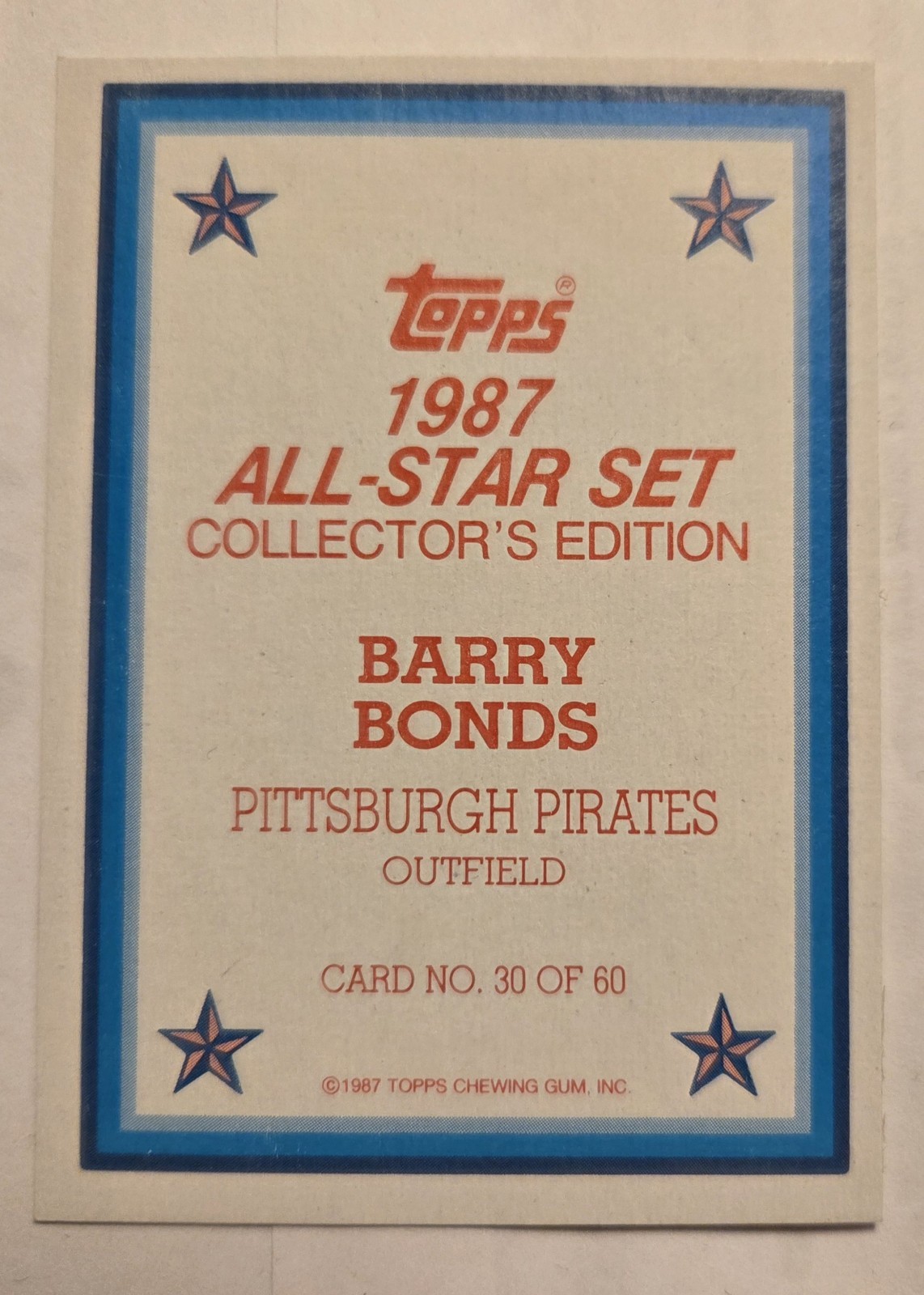 Rare Barry Bonds #30 1987 Topps All-Star GLOSSY Blank Front Errorš„ Rare Barry Bonds #30 1987 Topps All-Star GLOSSY Blank Front Errorš„