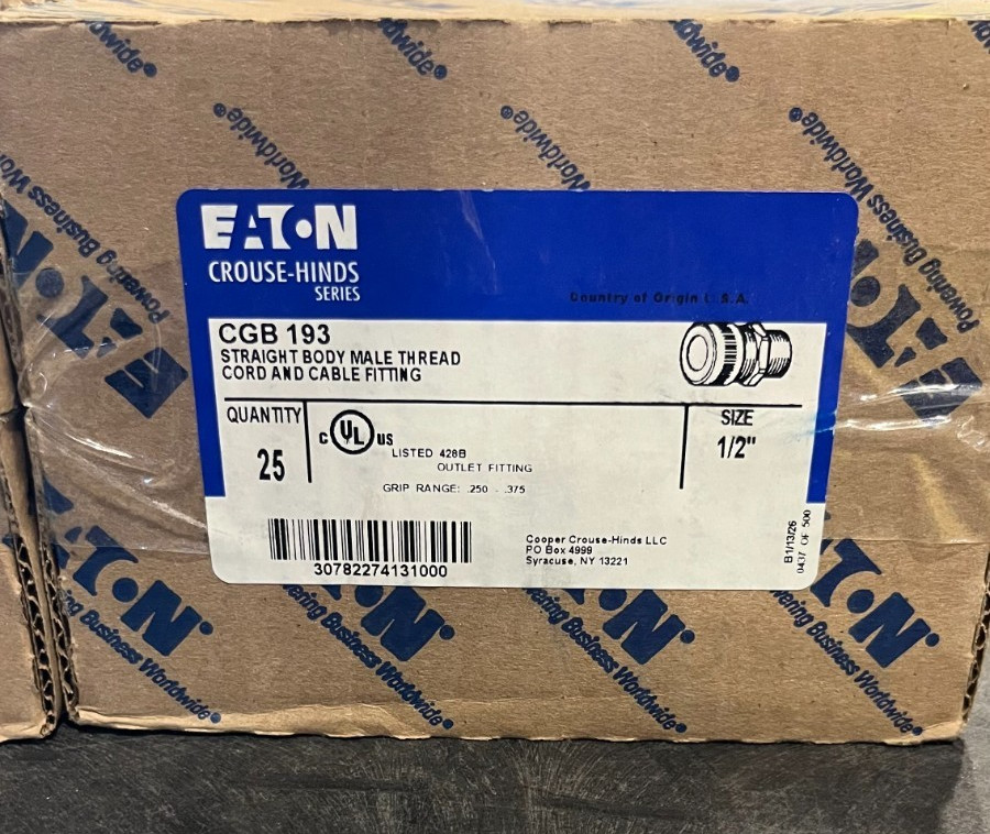 (QTY 25) EATON CGB 193 Crouse-Hinds Series Straight Body Cable Gland 1/2 (QTY 25) EATON CGB 193 Crouse-Hinds Series Straight Body Cable Gland 1/2